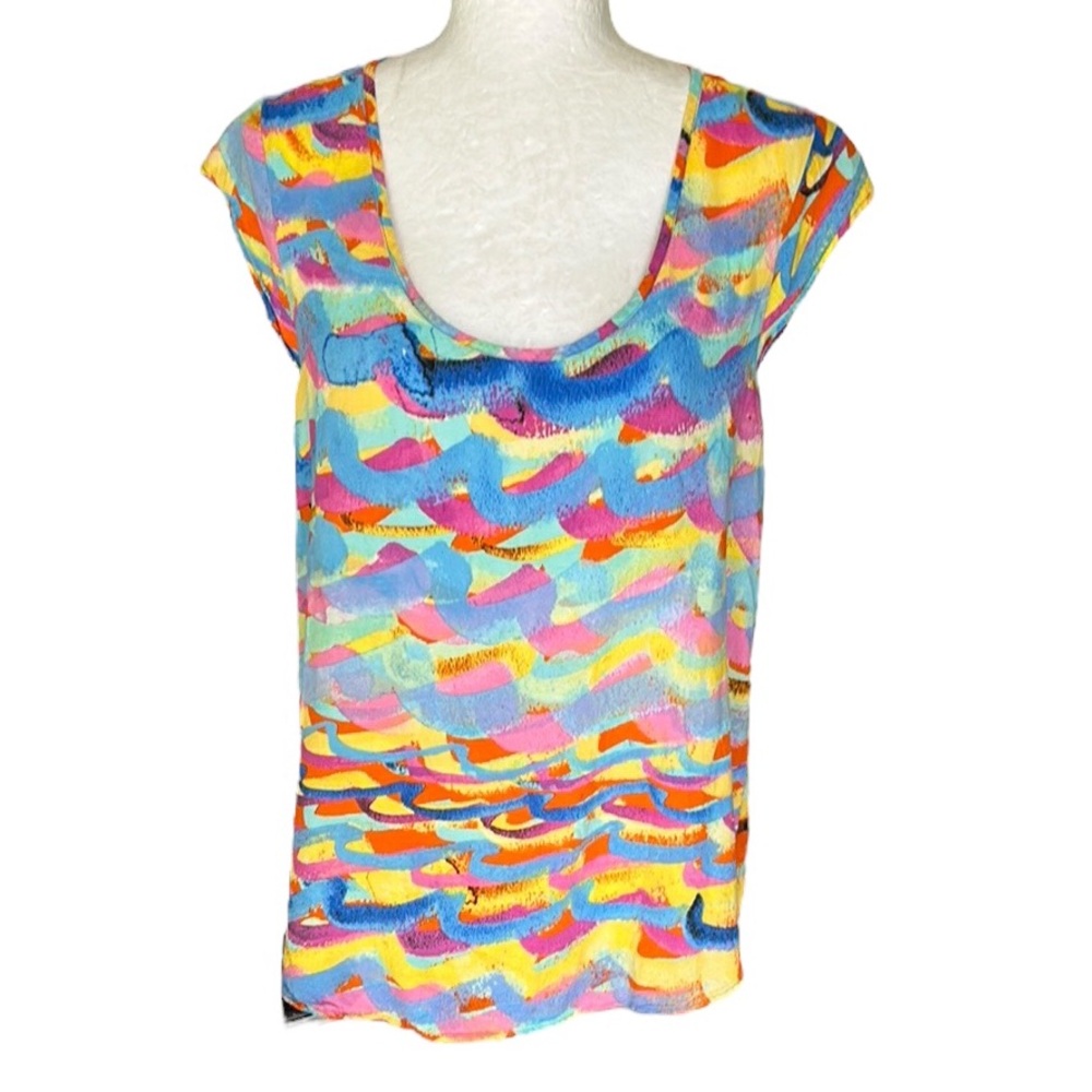 Jams World Vintage Multicolored Wave Print Cap Sleeve Scoop Neck Top - S